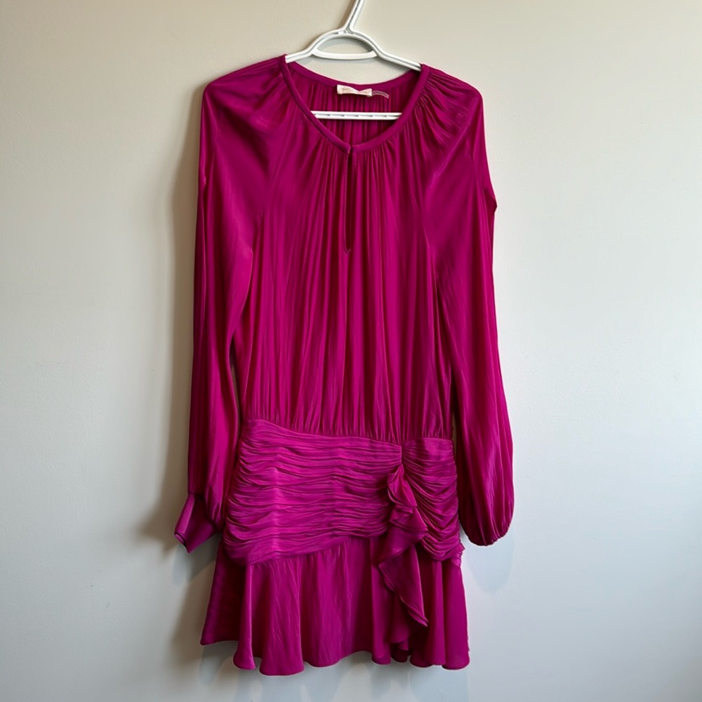 Ramy Brook Becca Ruched Waist Split Sleeve Flounce Mini Dress Magenta. Size M